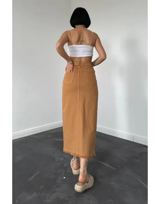 Omarı Boyalı Püsküllü Camel Gabardin Etek