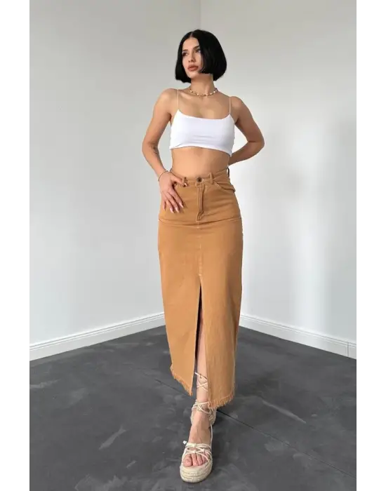 Omarı Boyalı Püsküllü Camel Gabardin Etek