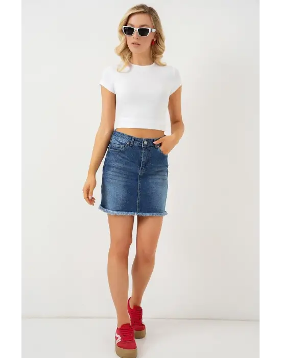 Püsküllü Mini Kot Etek 8051 - Lacivert