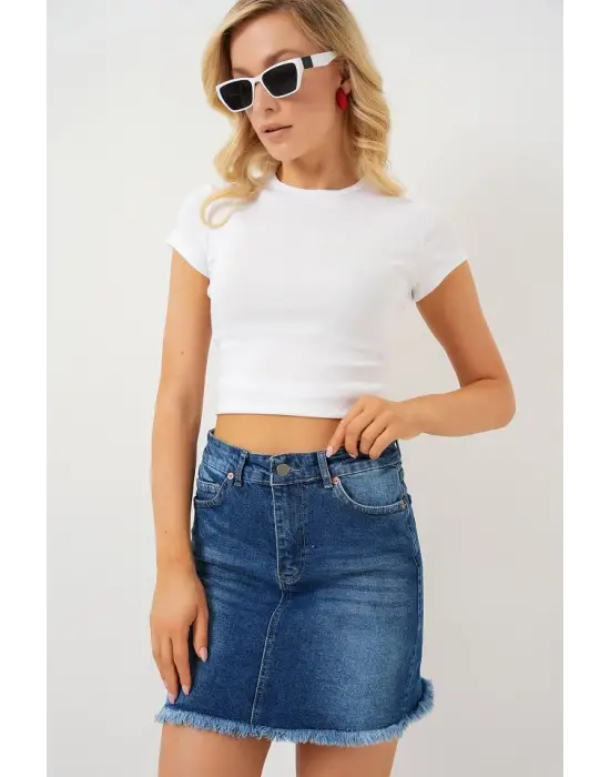 Çarpıcı Mini Kot Etek - Lacivert