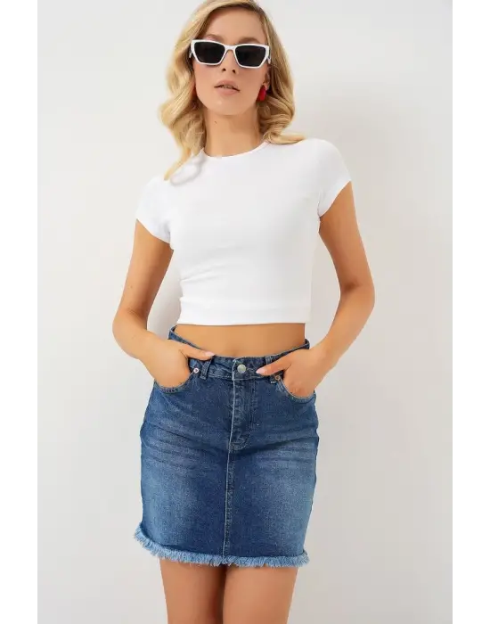 Çarpıcı Mini Kot Etek - Lacivert