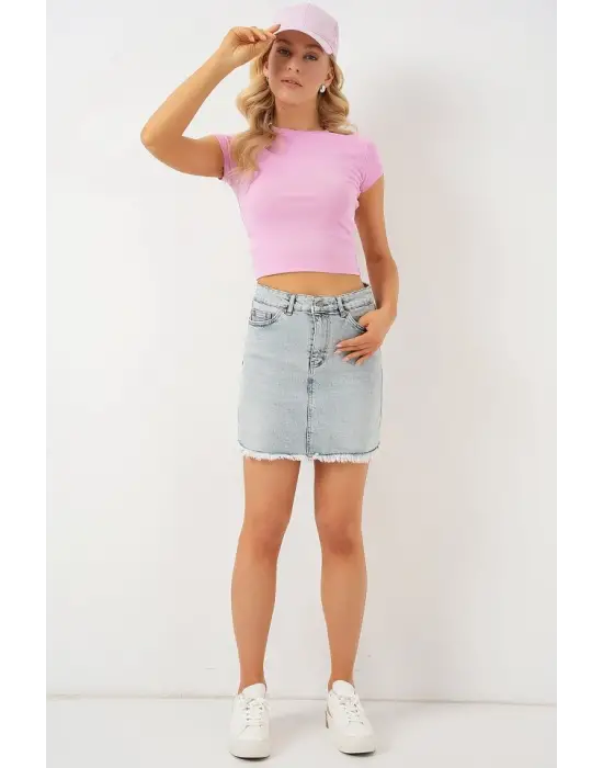 Püsküllü Mini Kot Etek 8051 - Mavi