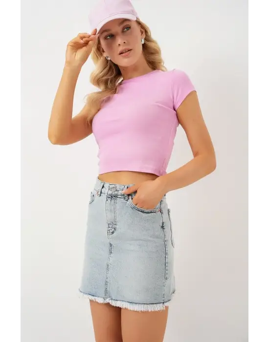 Püsküllü Mini Kot Etek 8051 - Mavi