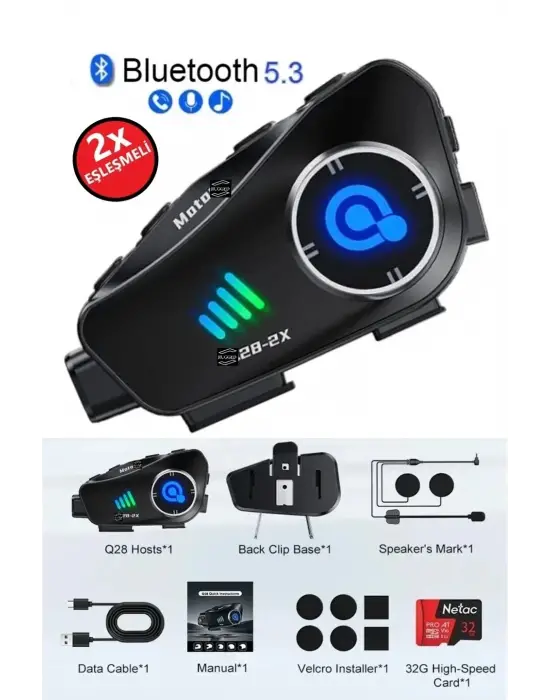 Q28 2x 2 Eşleşmeli Motosiklet Kask Bluetooth Kulaklık 1080p Kamera Su Geçirmez Intercom