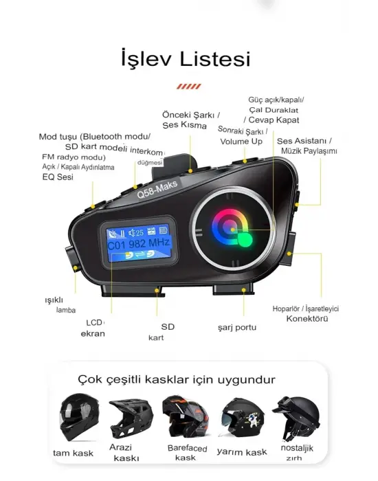 Q58-max Radyolu 2 Kişi Bağlantılı Bluetooth Kask Kulaklık Ekranlı Fenerli Müzik Ve Telsiz Intercom