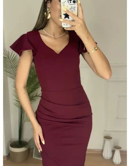 Omarı Yanları Büzgülü Kalp Yaka Midi Elbise