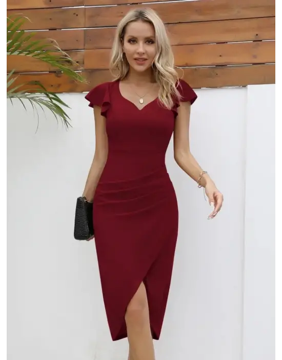 QKadın Kısa Kollu Kalp Yaka Yanlardan Büzgü Detay Midi Janjan Krep Elbise