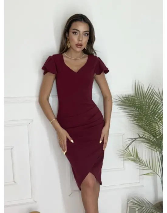 Omarı Yanları Büzgülü Kalp Yaka Midi Elbise