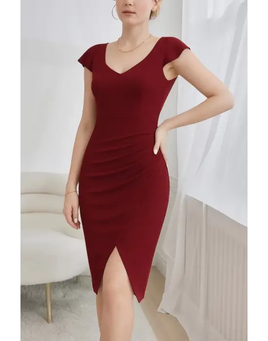 QKadın Kısa Kollu Kalp Yaka Yanlardan Büzgü Detay Midi Janjan Krep Elbise