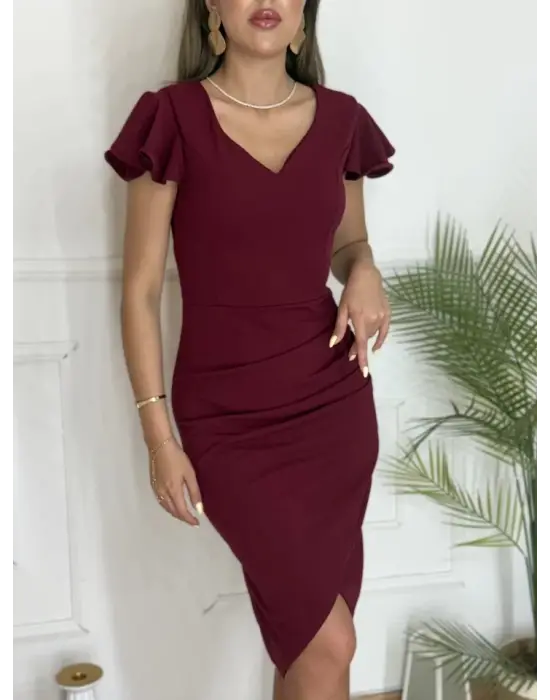Omarı Yanları Büzgülü Kalp Yaka Midi Elbise