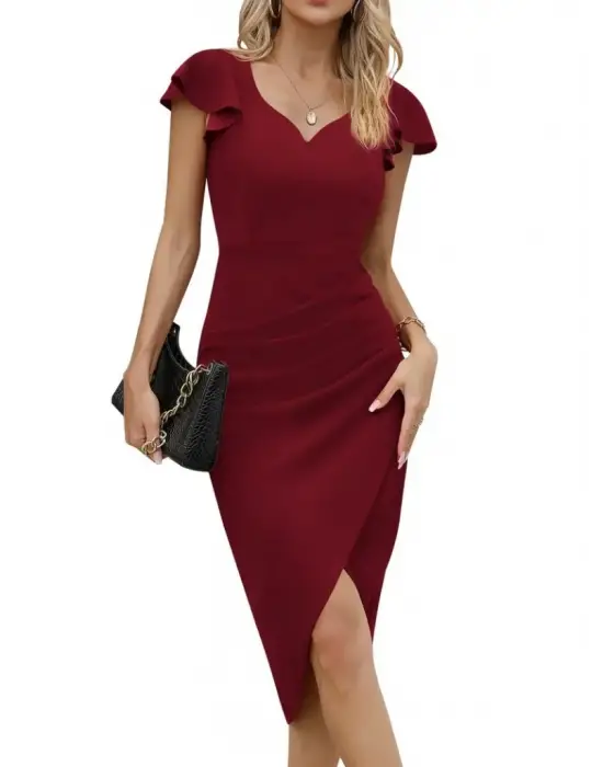QKadın Kısa Kollu Kalp Yaka Yanlardan Büzgü Detay Midi Janjan Krep Elbise