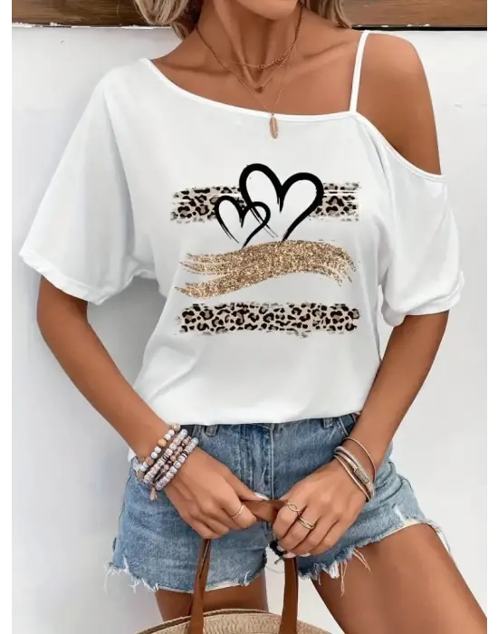 Omarı Çiçek Desenli Tek Omuz Askılı Viskon Bluz