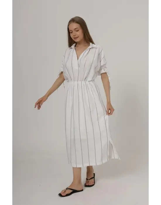 Omarı Zarif Beli Lastikli Beyaz Elbise