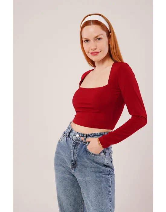 Omarı Bordo Renkli Kare Yaka Bluz