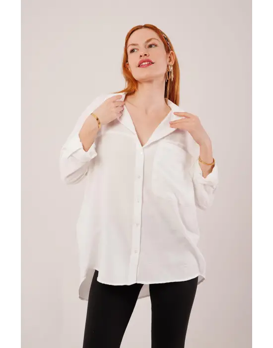 Omarı Salaş Kesim Beyaz Gömlek with Pockets