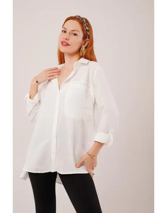Omarı Salaş Kesim Beyaz Gömlek with Pockets