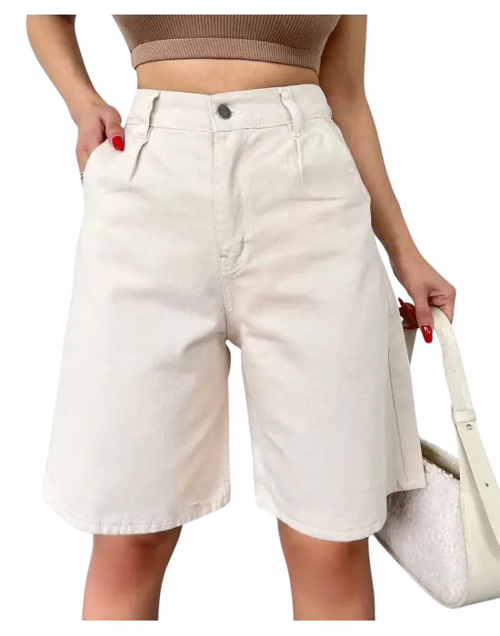 Rahat Kesim  Denim Şort CEPLİ-Krem