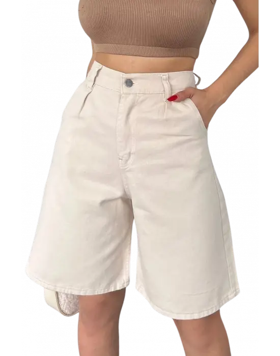 Rahat Kesim  Denim Şort CEPLİ-Krem