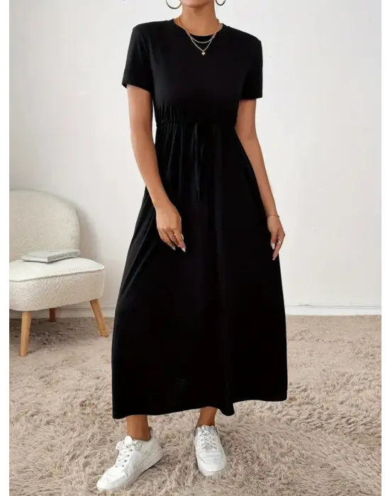 Omarı Kısa Kollu Belden Bağcıklı Cepli Elbise