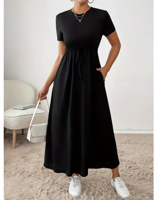 Omarı Kısa Kollu Belden Bağcıklı Cepli Elbise