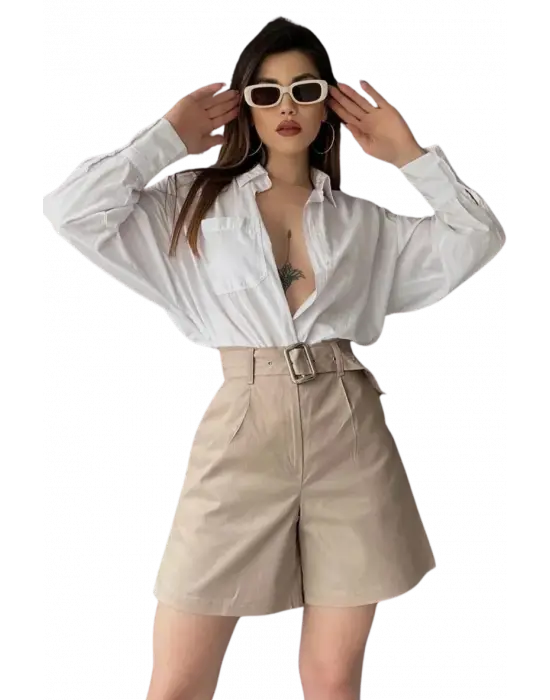 Rahat Kesim Kemerli Mom Şort - KREM