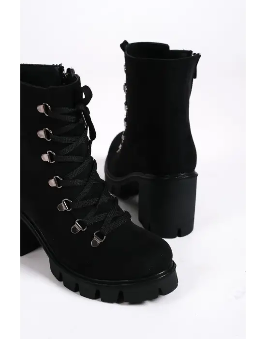 Rahat Tabanlı Bağcıklı Süet Bayan Bot - Siyah