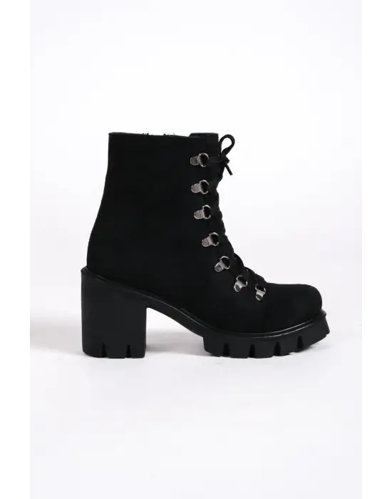 Rahat Tabanlı Bağcıklı Süet Bayan Bot - Siyah