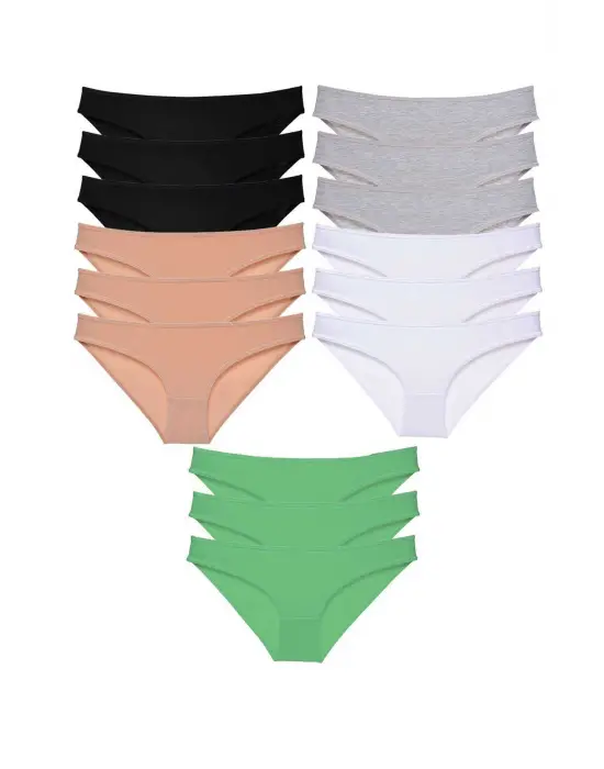 Omarı 15 Adet Likralı Kadın Slip Külot Seti - Siyah, Ten, Gri, Beyaz, Yeşil