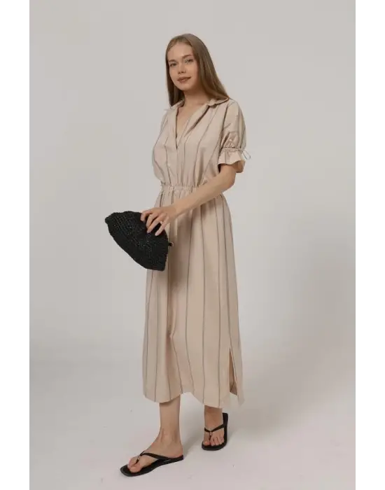 Omarı Beli Lastikli Elbise - Taş Rengi Metalik Detaylarla
