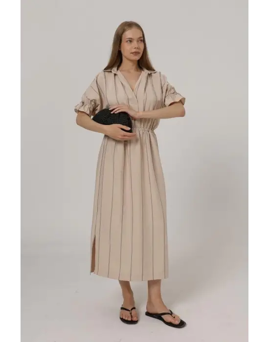 Omarı Beli Lastikli Elbise - Taş Rengi Metalik Detaylarla