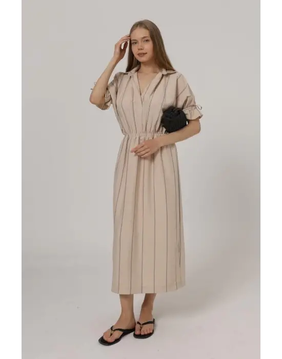 Omarı Beli Lastikli Elbise - Taş Rengi Metalik Detaylarla