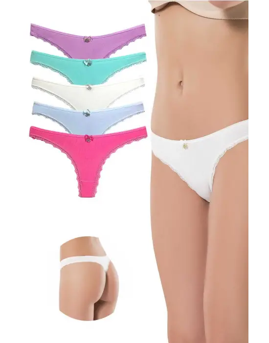 Omarı Pamuklu Kadın Dantelli String Tanga - 5 Adet