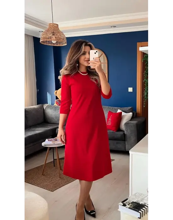 Omarı Şık Midi Krep Elbise