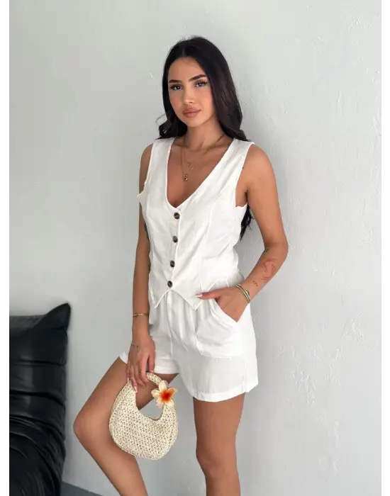 Omarı Rahat Yaz Stili Keten Şort Yelek Takımı