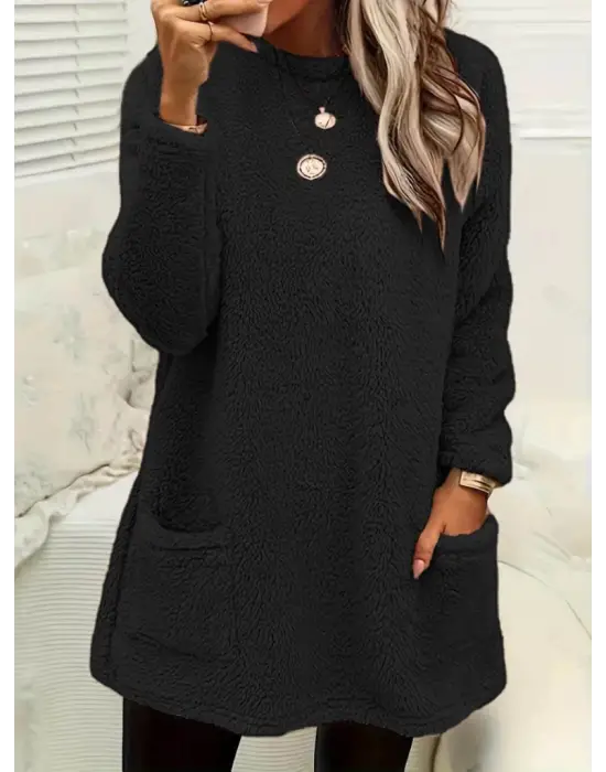 Omarı Sıcacık Peluş Bluz - Kadın Uzun Kollu