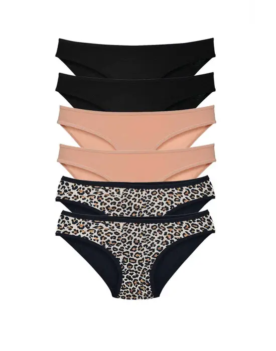 Omarı Yumuşak Likralı Leopar Desenli Siyah Ten Slip Külot Seti