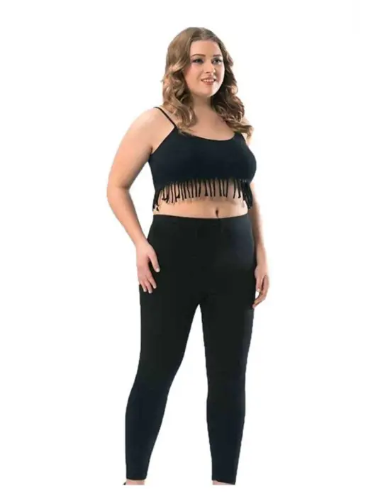 Omarı Büyük Beden Uzun Paça Likralı Siyah Sporcu Tayt