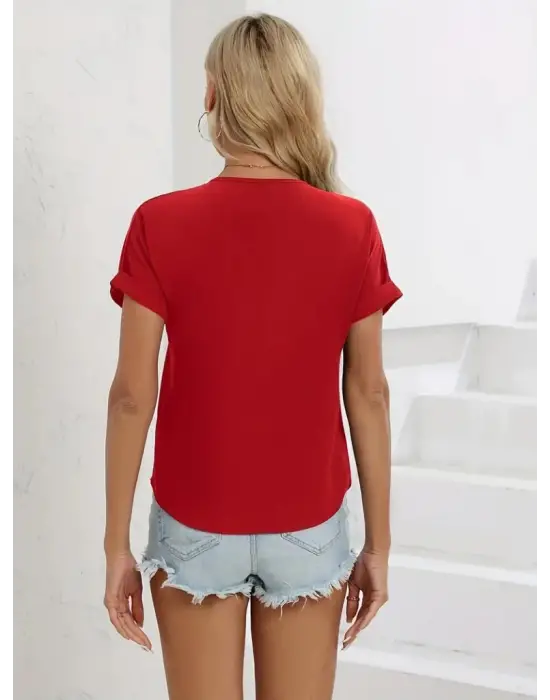 Omarı Fermuar Detaylı Kadın Salaş V Yaka Bluz