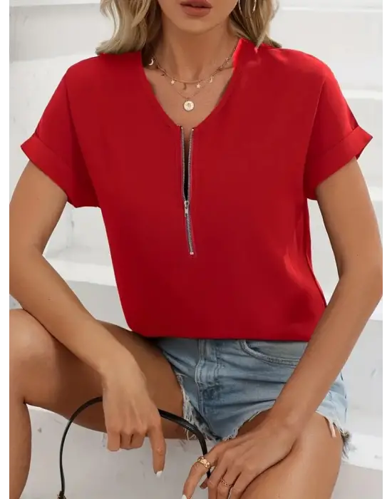 Omarı Fermuar Detaylı Kadın Salaş V Yaka Bluz