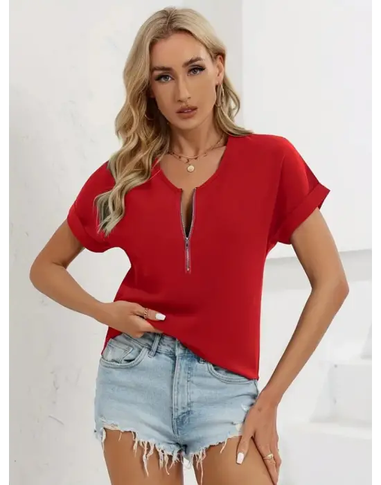 Omarı Fermuar Detaylı Kadın Salaş V Yaka Bluz