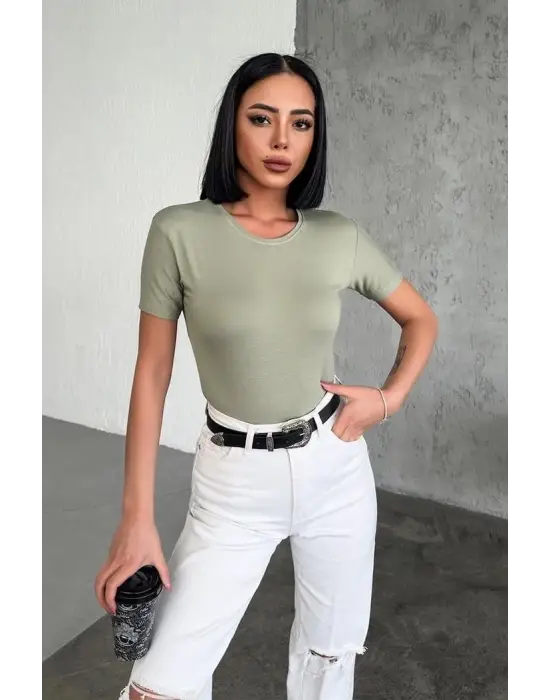 Omarı Şık ve Rahat Kısa Kollu Viskon Penye Body Haki