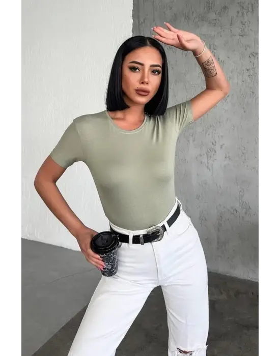 Omarı Şık ve Rahat Kısa Kollu Viskon Penye Body Haki