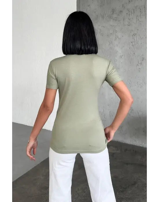 Omarı Şık ve Rahat Kısa Kollu Viskon Penye Body Haki