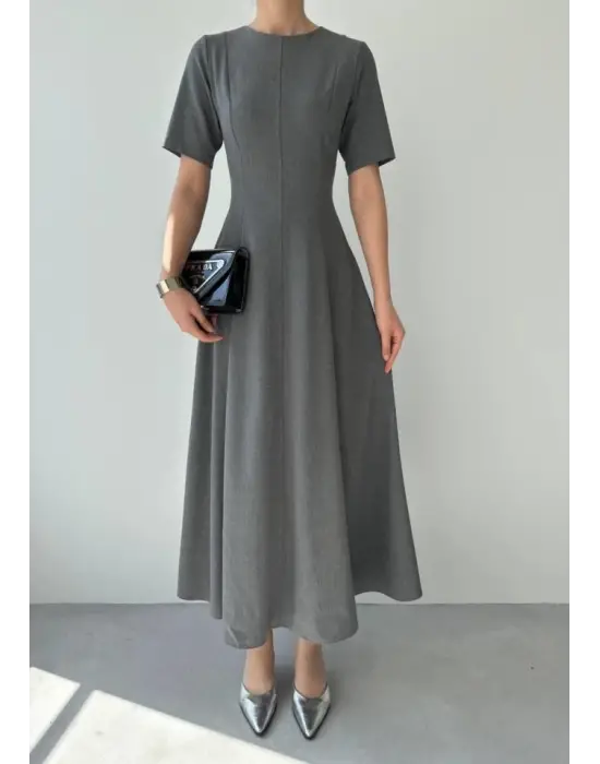 Omarı Kadife Pliseli Midi Elbise