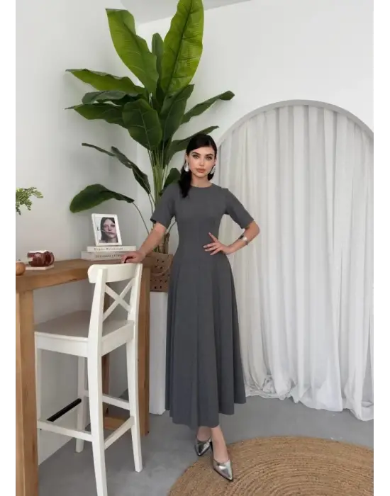 Omarı Kadife Pliseli Midi Elbise