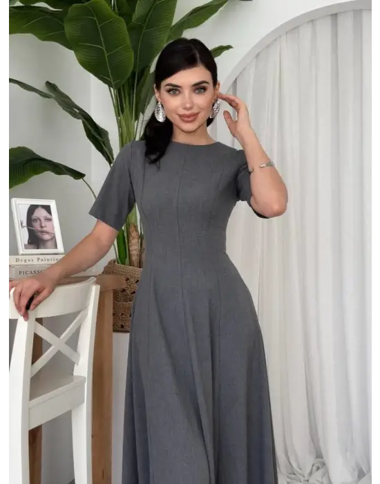 Omarı Kadife Pliseli Midi Elbise