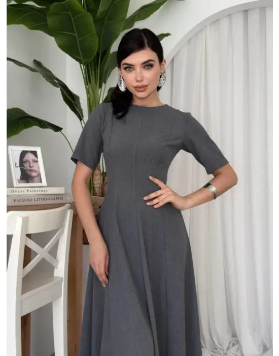 Omarı Kadife Pliseli Midi Elbise