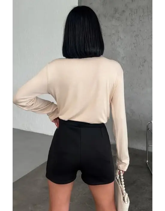 Omarı Şık ve Rahat Uzun Kollu Bisiklet Yaka Body Bej