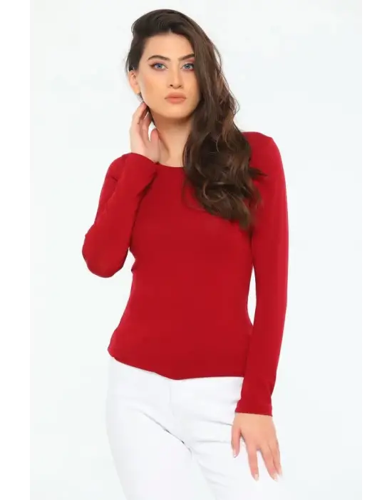 Omarı Şık Uzun Kollu Bisiklet Yaka Bordo Body