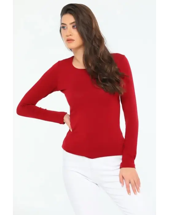 Omarı Şık Uzun Kollu Bisiklet Yaka Bordo Body